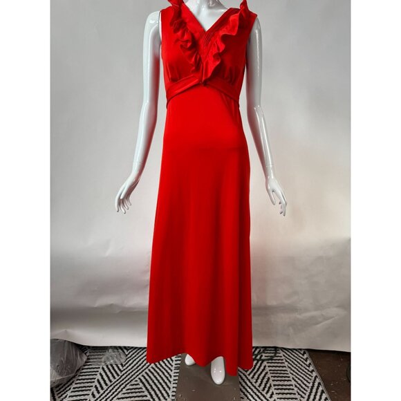 Vintage 1970s Jerell Of Texas Red Ruffled Maxi Dress Sleeveless V-Neck Belted Wa - Picture 7 of 16